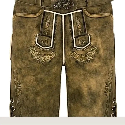 Olive suede Bavarian lederhosen Reliefstickerei macro detail, cream silk thread, 72-hour hand-embroidery — Haider Living Sialkot Atelier