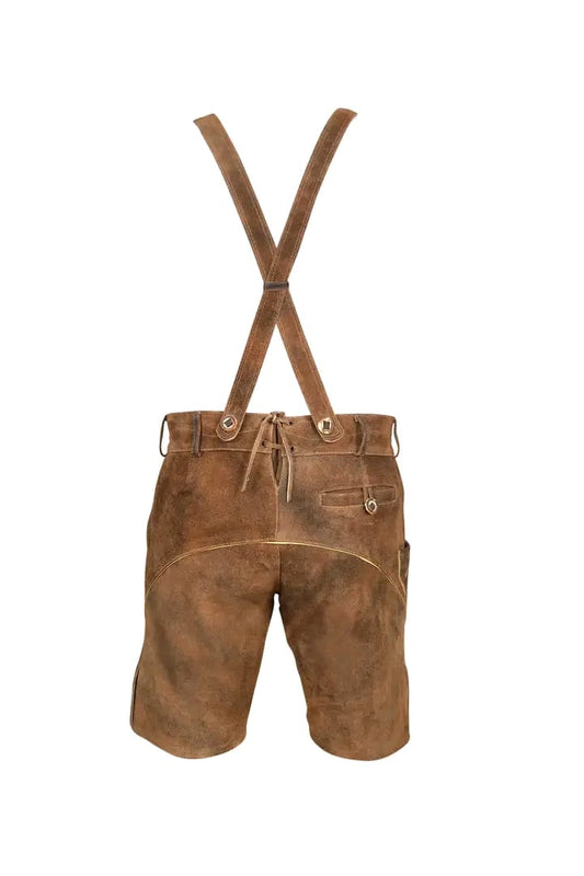 Hand-stitched suspender bib detail, antique silver buckles, cream leather — Haider Living 127-hour construction