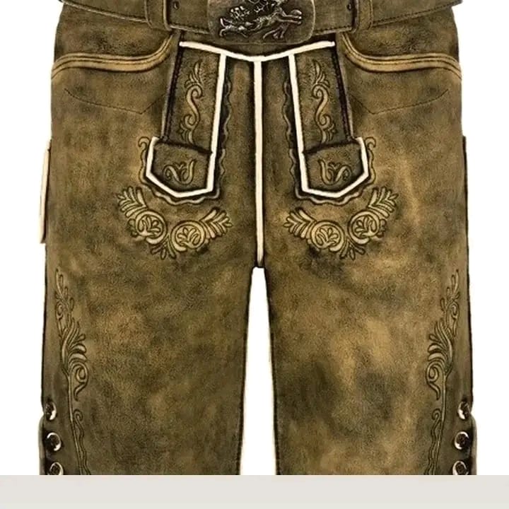 Olive suede Bavarian lederhosen Reliefstickerei macro detail, cream silk thread, 72-hour hand-embroidery — Haider Living Sialkot Atelier