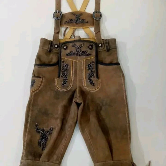 Walnut suede children's Kniebund lederhosen, dark stag Reliefstickerei, cream X-back suspenders, antique silver buckles — Haider Living Kleine Tracht collection