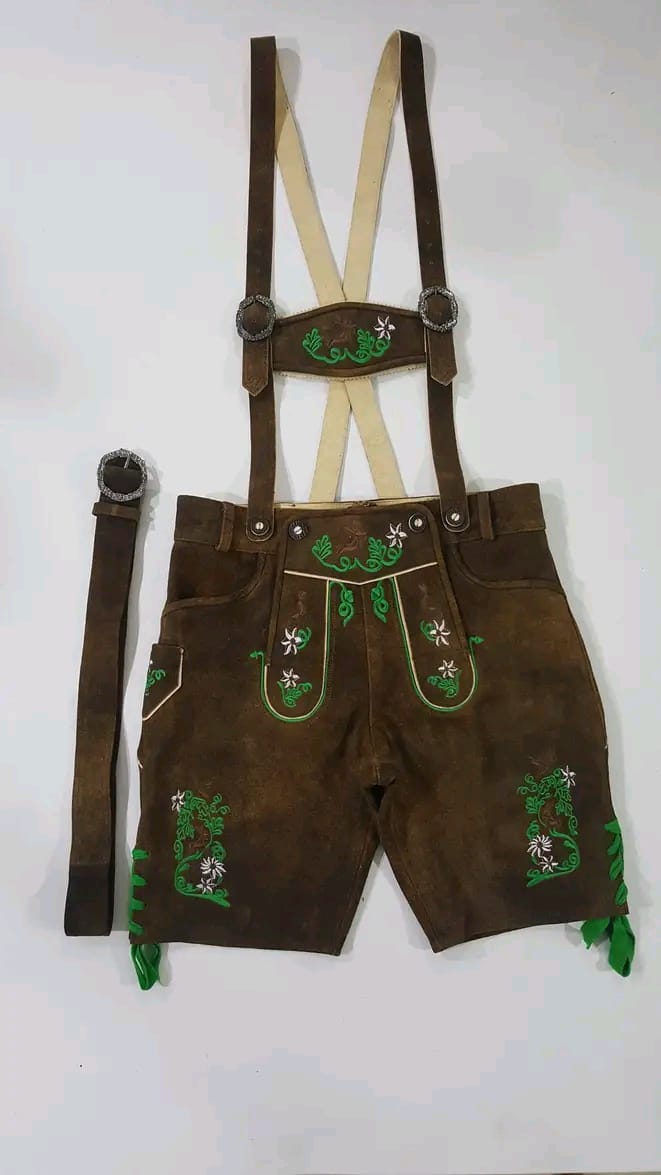 Walnut suede Bavarian lederhosen, green silk Edelweiss and stag Reliefstickerei, matching leather belt, cream suspenders — Haider Living Sialkot Atelier