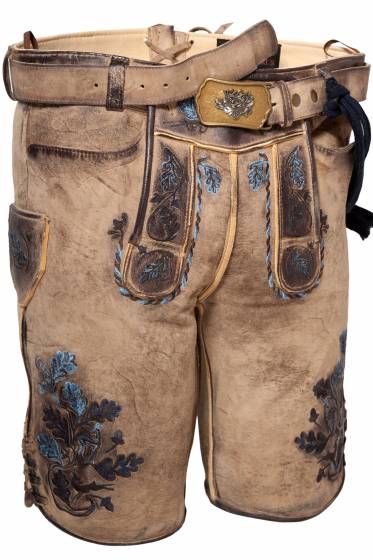 Sand oatmeal suede Bavarian lederhosen, royal blue silk Reliefstickerei, antique heraldic buckle, matching belt — Haider Living Sialkot Atelier