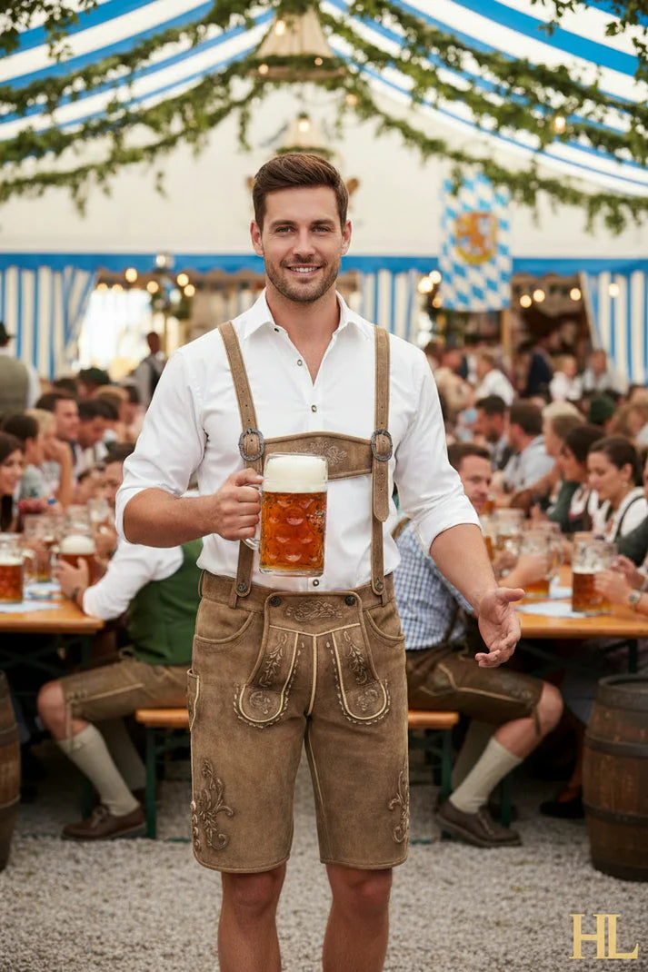 Man in traditional Bavarian attire at a festival.