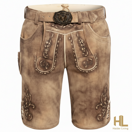 Premium tan oak suede Bavarian lederhosen traditional shorts front view