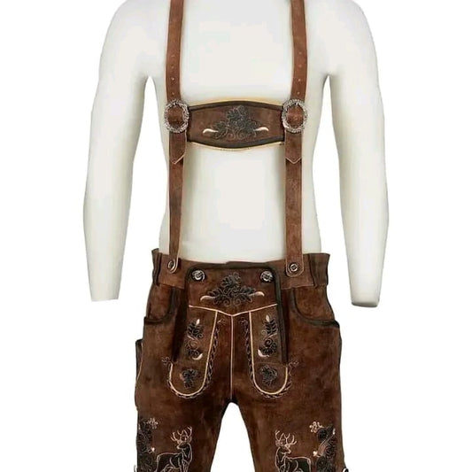 Walnut distressed suede Bavarian lederhosen, ghost mannequin, cream Reliefstickerei stag motif, antique silver hardware — Haider Living Sialkot Atelier